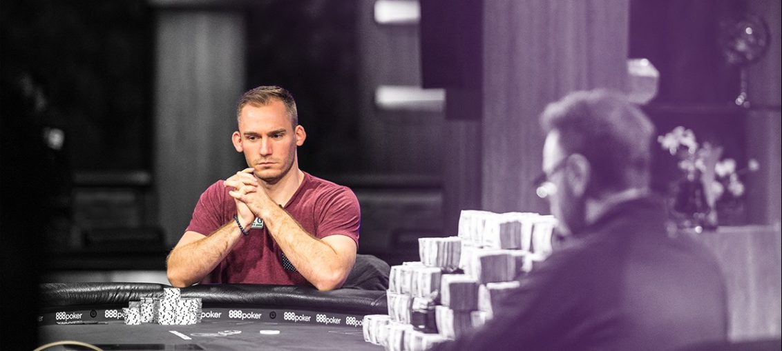 Justin Bonomo during his heads-up match in the 2018 Super High Roller Bowl versus Daniel Negreanu.