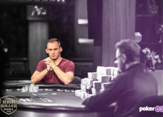 Justin Bonomo during his heads-up match in the 2018 Super High Roller Bowl versus Daniel Negreanu.