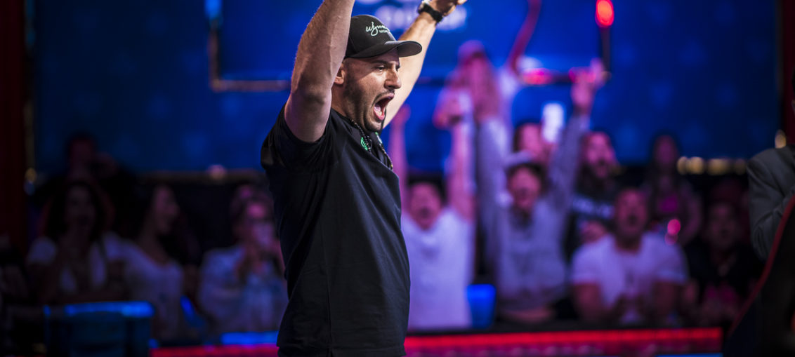 Friends, fans and family mobbing Michael Mizrachi after winning his third Poker Players Championship title. (Photo: Drew Amato for Poker Central)