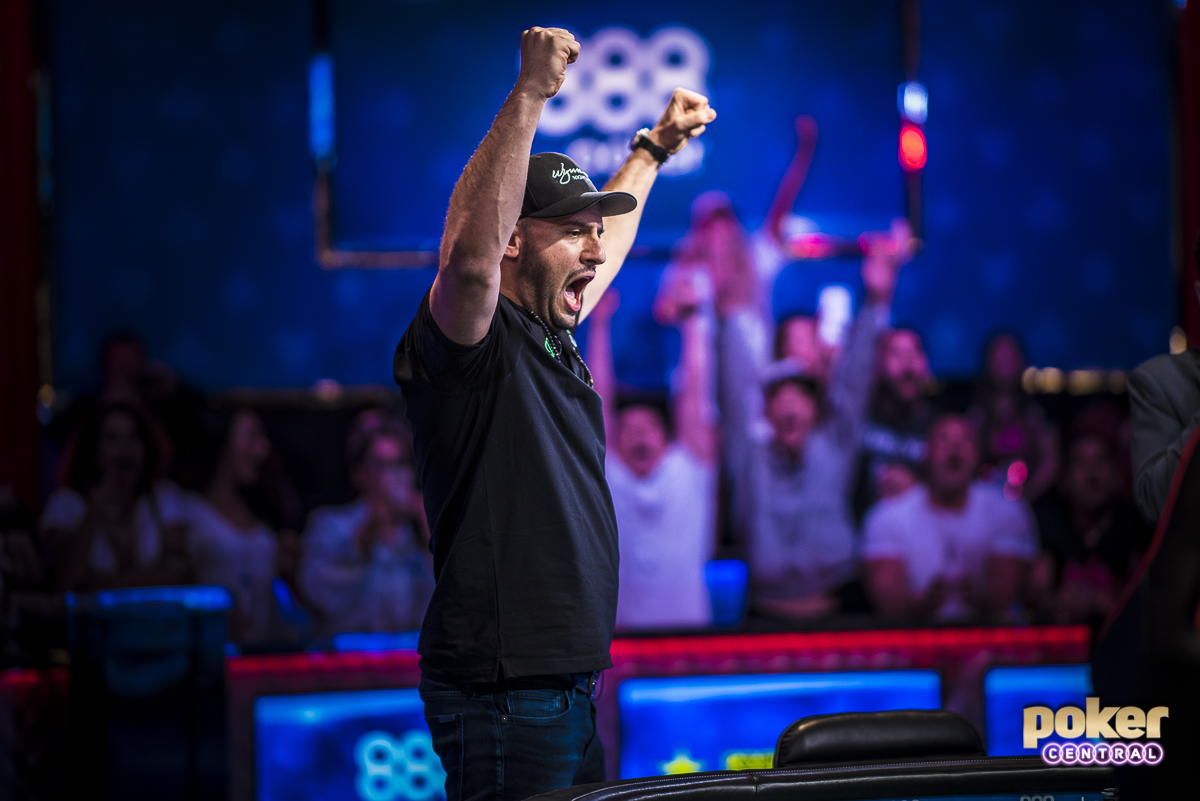 Friends, fans and family mobbing Michael Mizrachi after winning his third Poker Players Championship title. (Photo: Drew Amato for Poker Central)