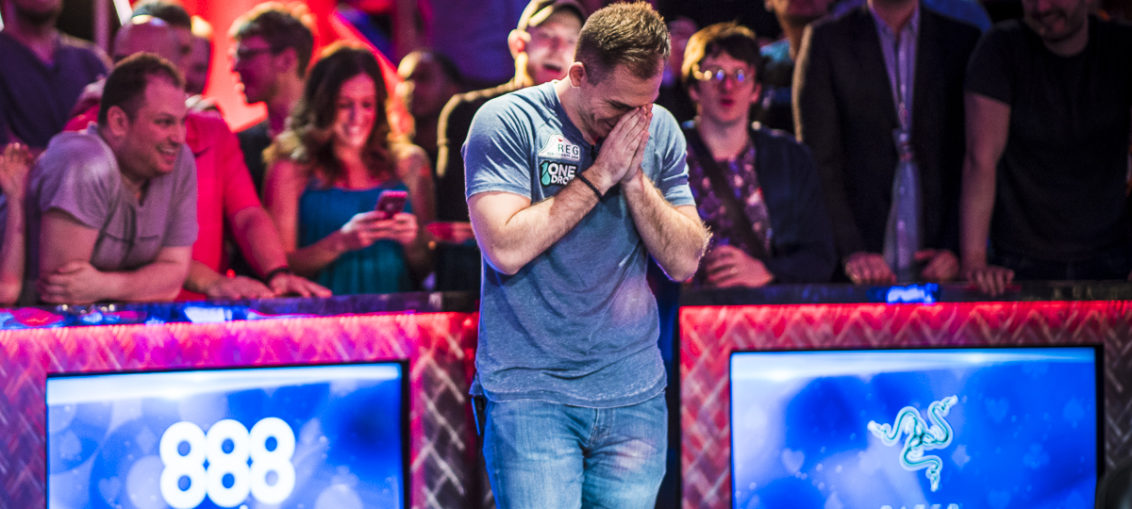 Justin Bonomo in disbelief after winning the 2018 Big One for One Drop for $10,000,000.