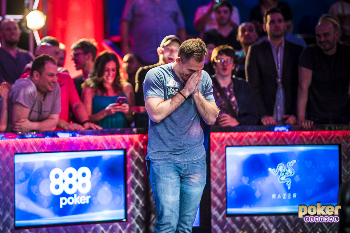 Justin Bonomo in disbelief after winning the 2018 Big One for One Drop for $10,000,000.