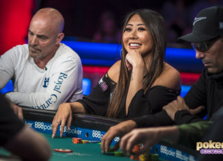 Maria Ho in action at the feature table on Day 1B at the World Series of Poker Main Event.