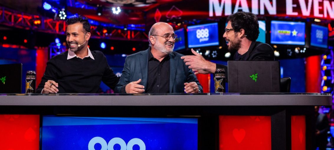 Mori Eskandani, flanked by Ali Nejad and Nick Schulman on the ESPN WSOP Main Event broadcast, moments after he was told he would be inducted into the Poker Hall of Fame. (Photo: PokerPhotoAchives)