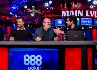 Mori Eskandani, flanked by Ali Nejad and Nick Schulman on the ESPN WSOP Main Event broadcast, moments after he was told he would be inducted into the Poker Hall of Fame. (Photo: PokerPhotoAchives)