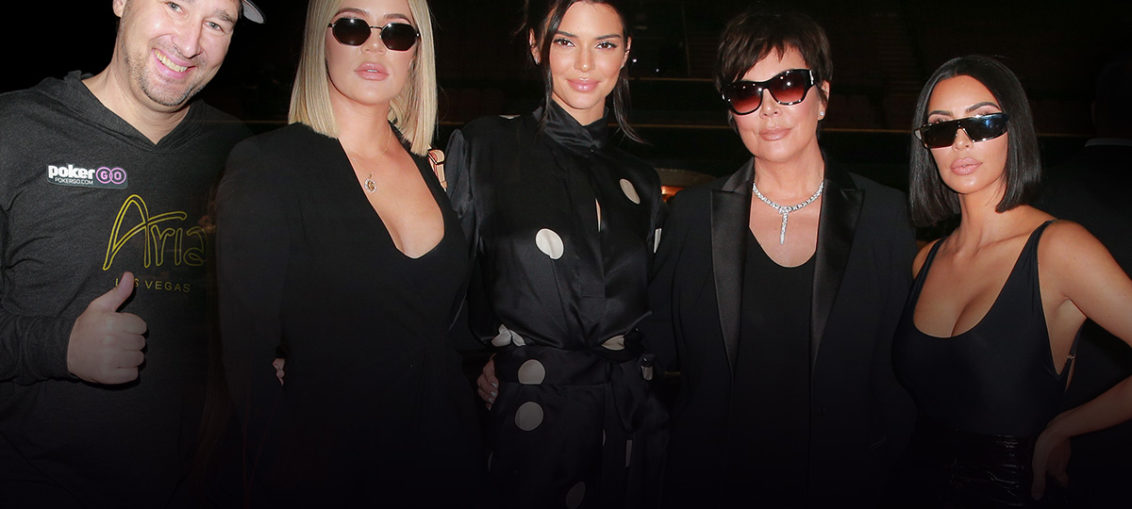 Phil Hellmuth, Khloe Kardashian, Kendall Jenner, Kris Jenner and Kim Kardashian West at the City of Hope charity poker tournament. (Photos: GettyImages)