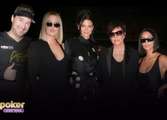 Phil Hellmuth, Khloe Kardashian, Kendall Jenner, Kris Jenner and Kim Kardashian West at the City of Hope charity poker tournament. (Photos: GettyImages)