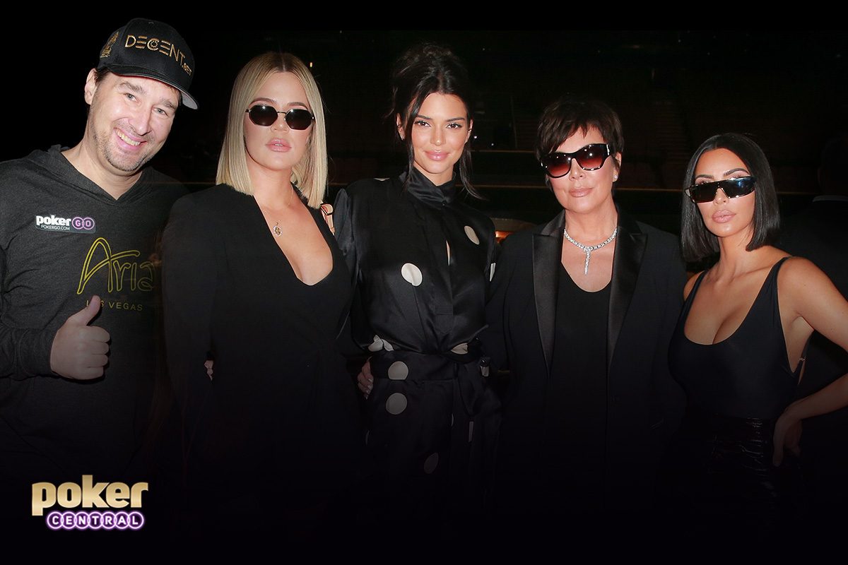 Phil Hellmuth, Khloe Kardashian, Kendall Jenner, Kris Jenner and Kim Kardashian West at the City of Hope charity poker tournament. (Photos: GettyImages)