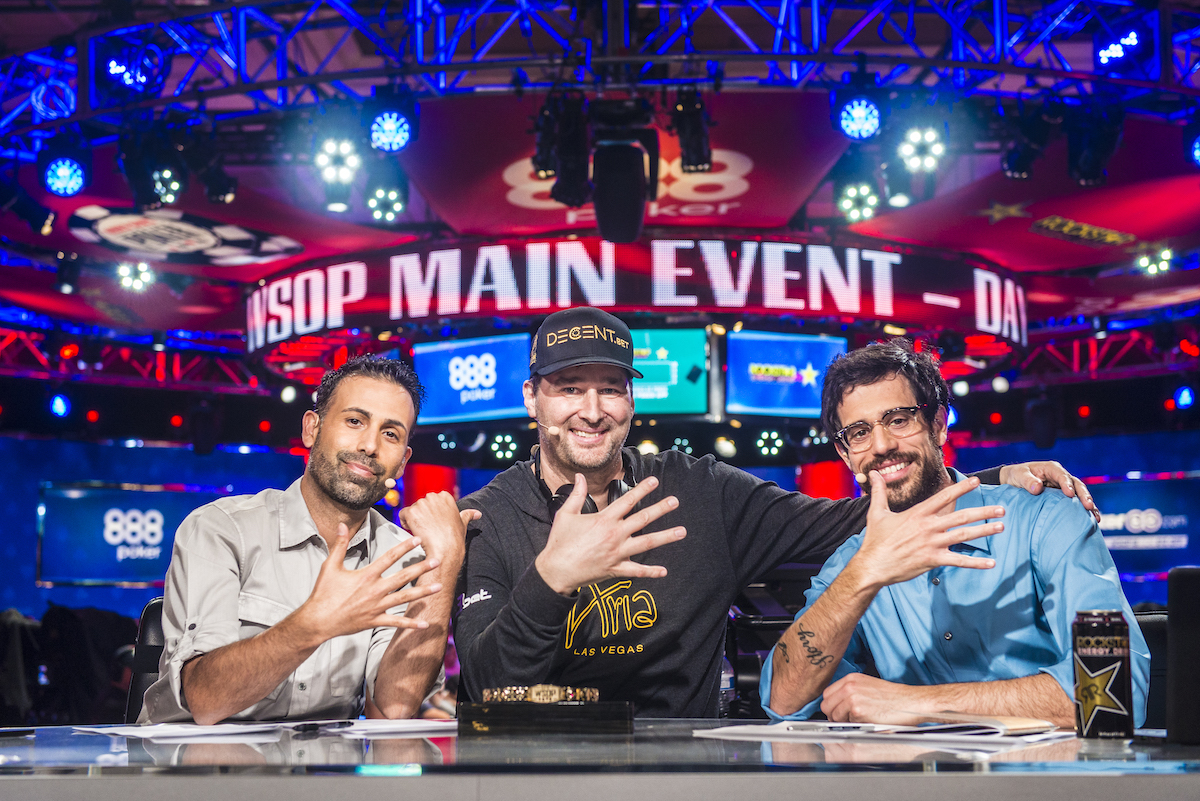 Phil Hellmuth flanked by Ali Nejad and Nick Schulman moments after winning his 15th WSOP bracelet.