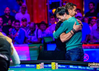Timothy Su hugs Hossein Ensan after getting eliminated in 8th place for $1,250,000.