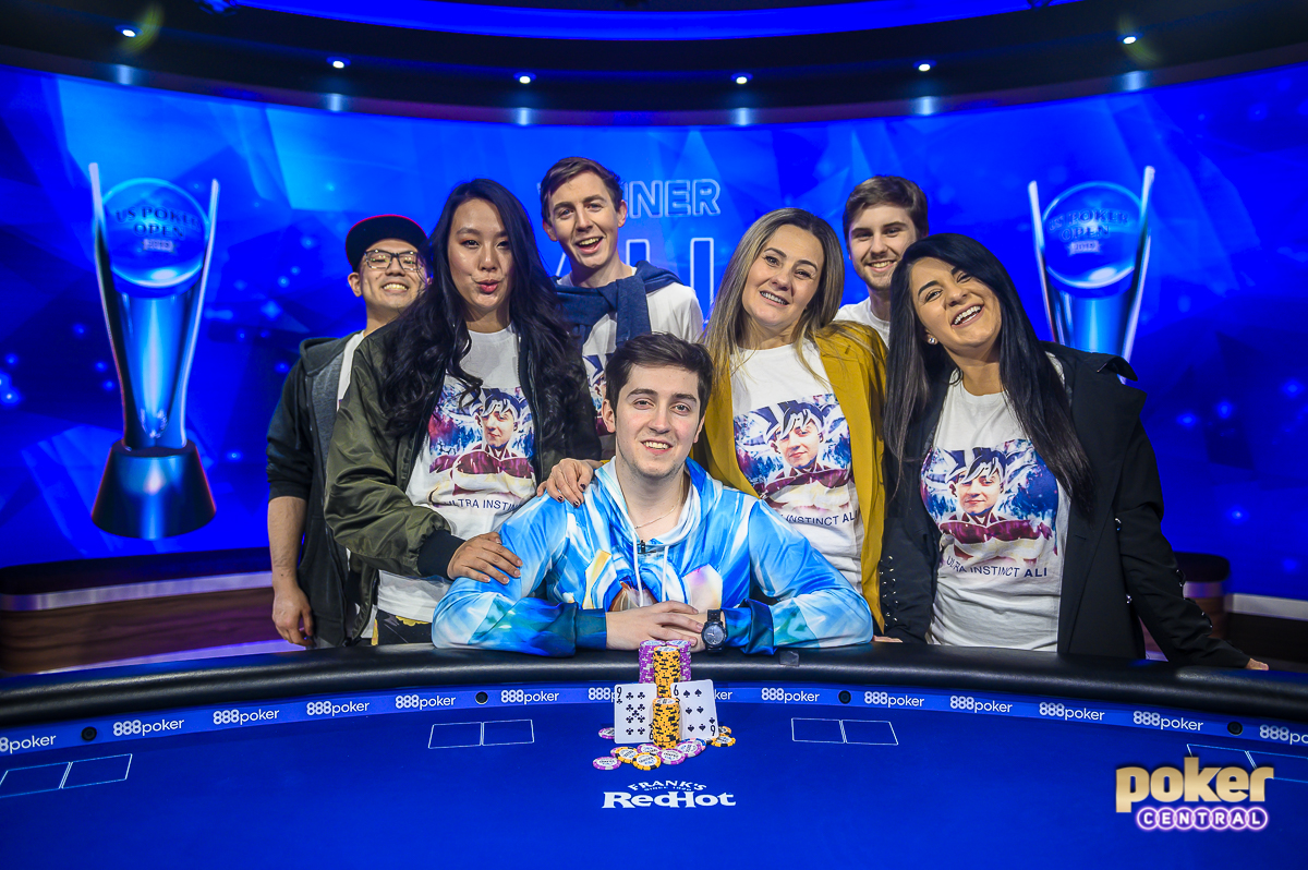 Ali Imsirovic surrounded by friends and family after winning Event #5 at the 2019 US Poker Open.