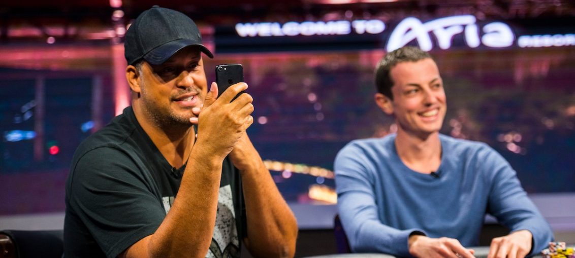 Jean-Robert Bellande squared off against Tom Dwan on "The Return of Tom Dwan" on Poker After Dark. Here he's seen checking out his Instagram page and giving his fans an update.