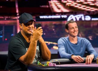 Jean-Robert Bellande squared off against Tom Dwan on "The Return of Tom Dwan" on Poker After Dark. Here he's seen checking out his Instagram page and giving his fans an update.