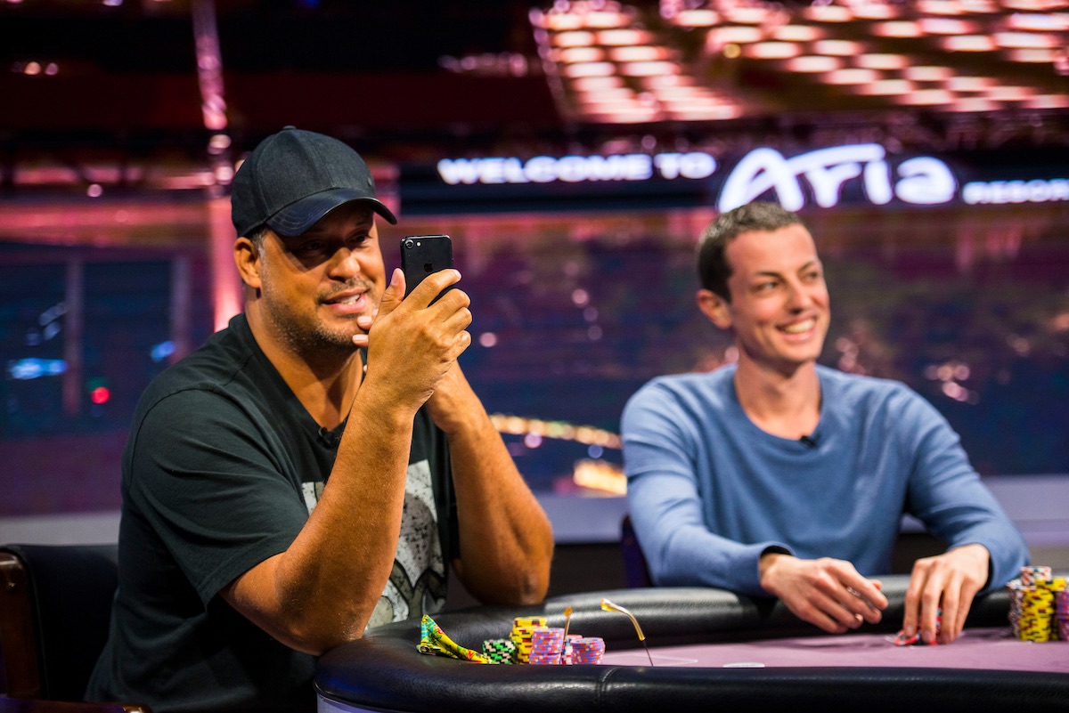 Jean-Robert Bellande squared off against Tom Dwan on "The Return of Tom Dwan" on Poker After Dark. Here he's seen checking out his Instagram page and giving his fans an update.