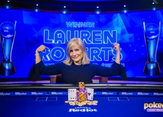 Lauren Roberts flexes after winning U.S. Poker Open Event #3.