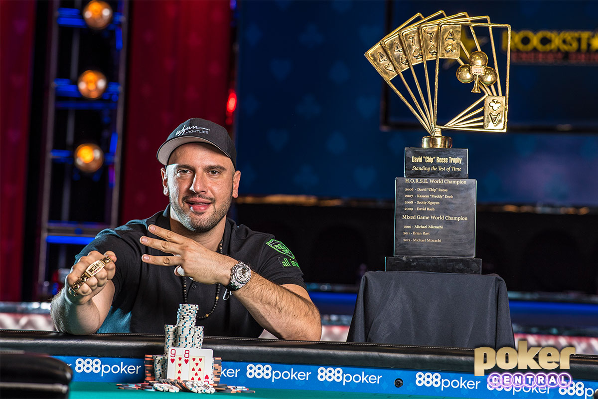 Michael 'The Grinder' Mizrachi after winning his record-breaking third Poker Players Championship in 2018.